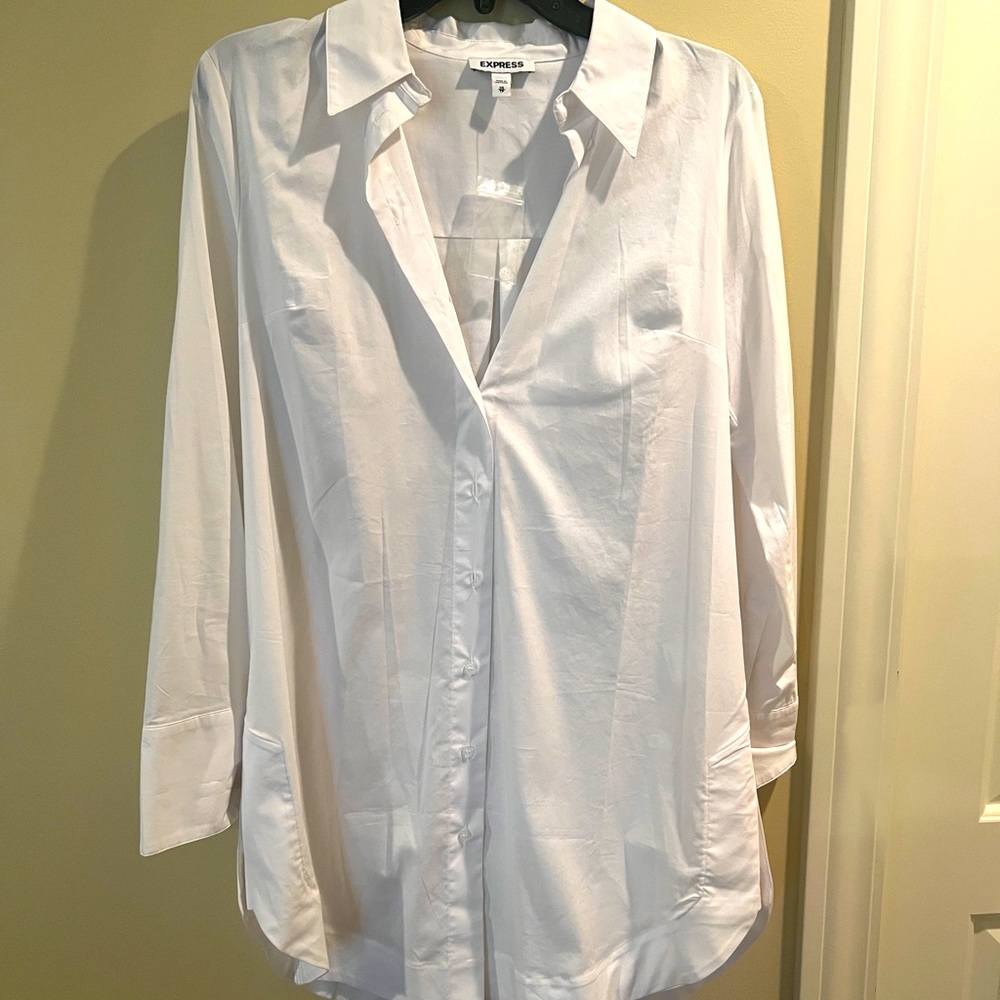 Express boyfriend shirt dress button down mini high low white dress new w/o tag